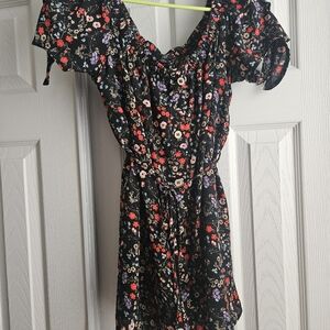 Rue21 Black Floral Off-Shoulder Mini Dress with Red & Purple Flowers